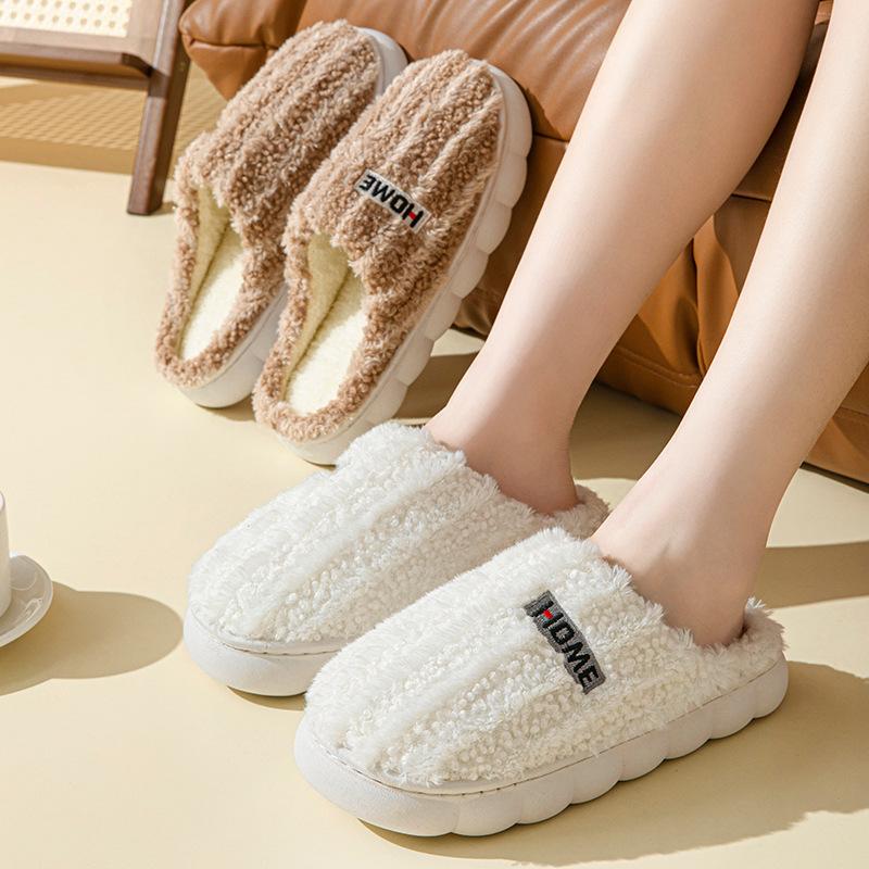 New Couple Thick Striped Thickened Velvet Cotton Slippers Women's Indoor Non-slip Warm Outer Wear Cotton Shoes Men