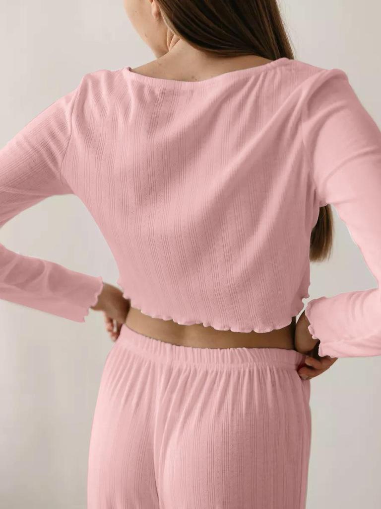 2025 Europejski i Amerykański Dzianinowy Zestaw Długi Rękaw i Spodnie z Mieszanki Bawełny na Jesień/Zimę