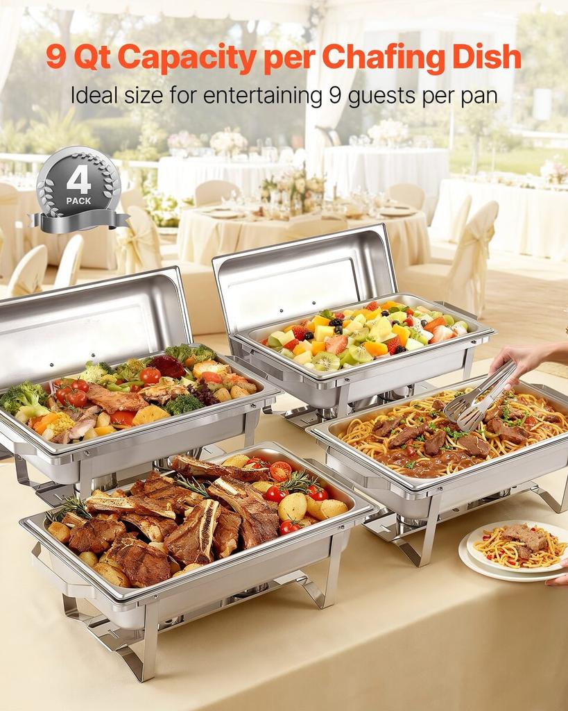 Rectangle Chafing Dish, 9.91L 4 Pack Stainless Steel Chafing Dish, Food Warmer Chafer Complete Set with Hollow Handle, 2 Food Tongs, Lid, Fuel Holder,