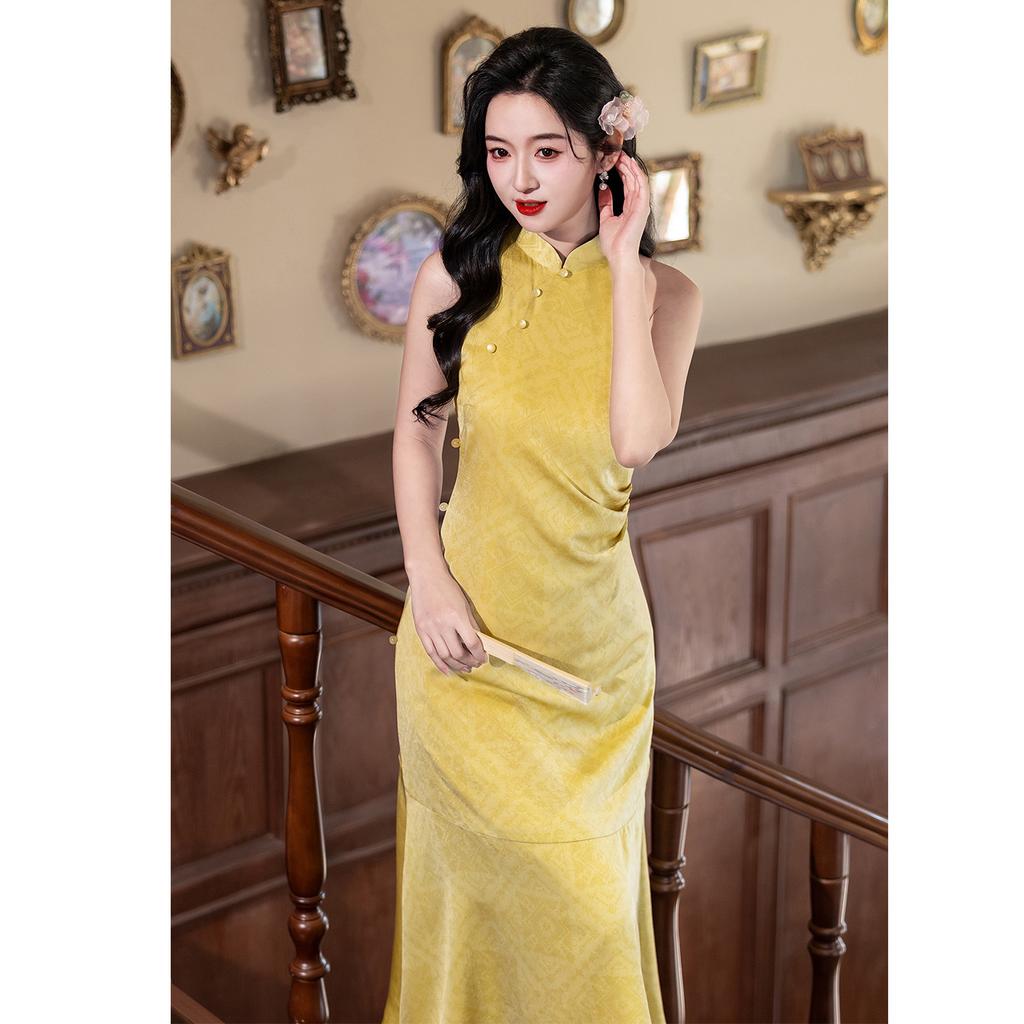 New Chinese national style improved sleeveless cheongsam dress women's elegance and advanced sense slim and thin split hip wrap dress