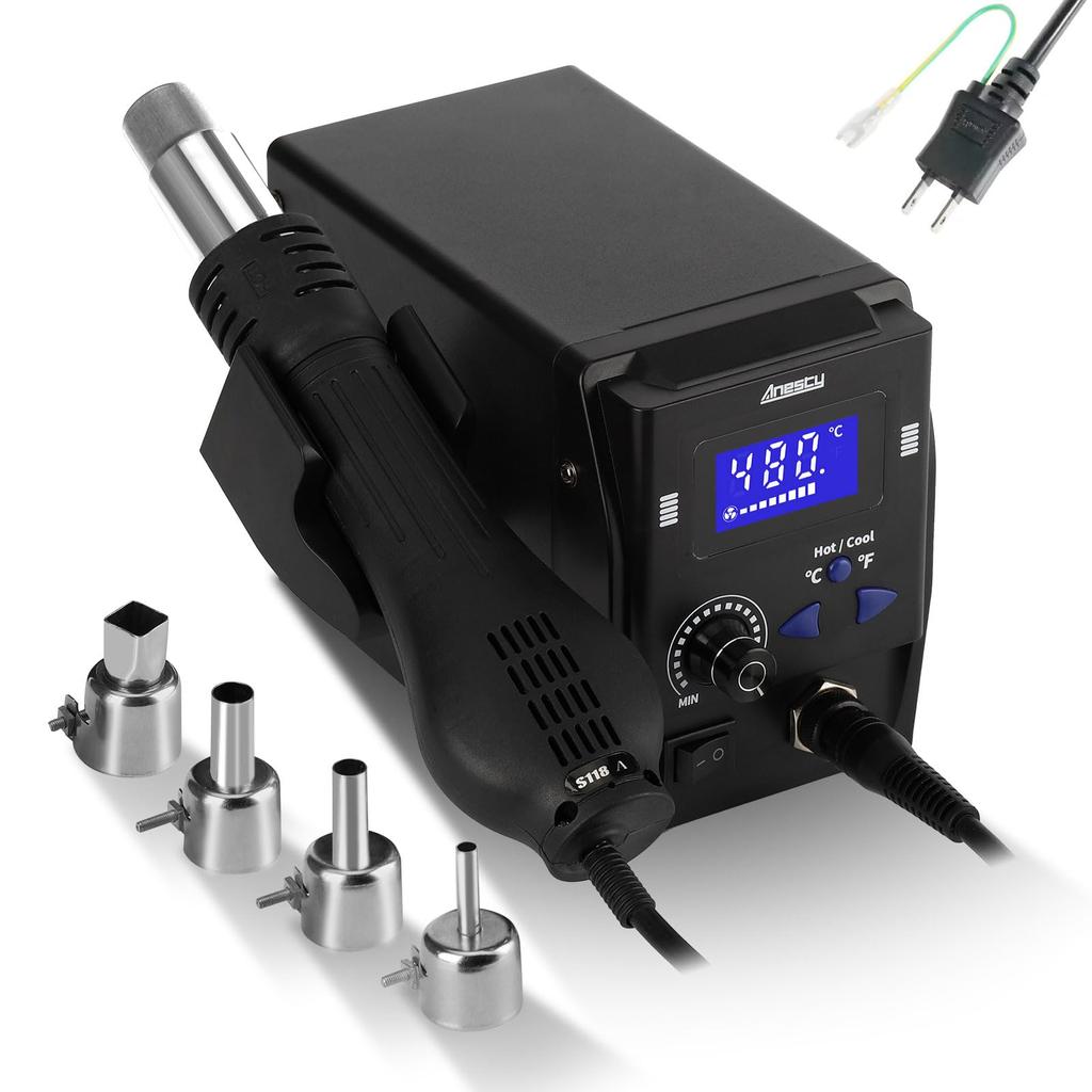 Anesty HAS-D Rework Station Hot Air Gun with LCD Screen, 8 Airflow Settings, Auto Sleep Function, Fast Heating, and Quiet Operation - 100°C To 480°C
