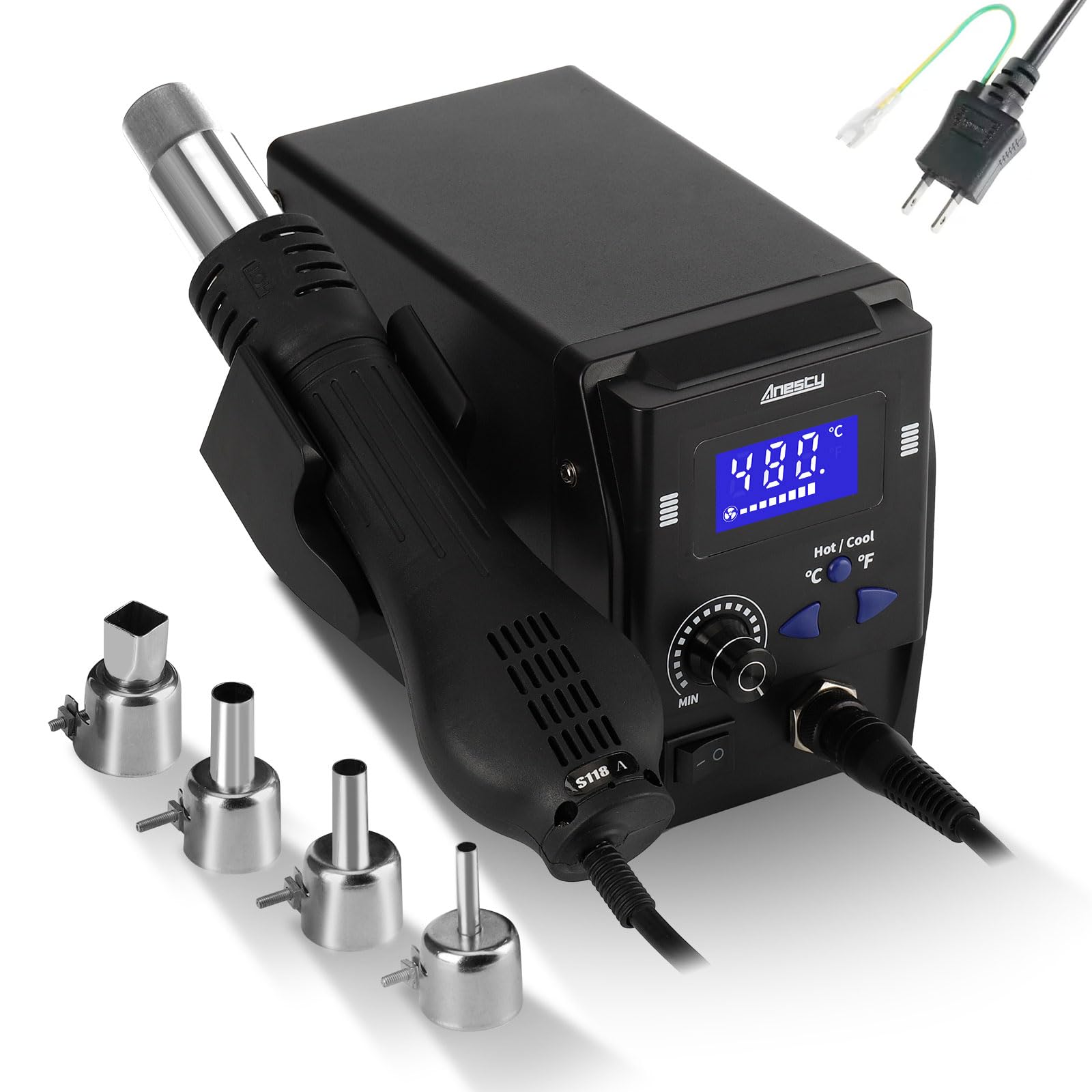 

Anesty Паяльная станция Термофен с ЖК-дисплеем 8 режимов воздушного потока Автоматический спящий режим Быстрая и тихая работа к экрану HAS-D, Настройки, Функция, Нагрев, - 100°C 480°C