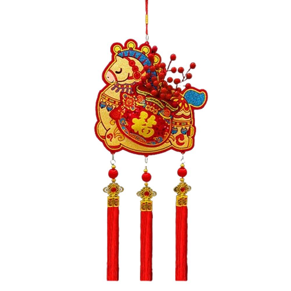 Flocking Chinese Lucky Character Pendants Handmade with Tassels Red Horse Hanging Ornament Traditional Good Fortune