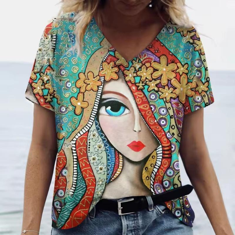 Summer Cartoon T Shirt Women Gilr Graphic 3D Print V-Neck Short Sleeve Pullover Outdoor Casual Y2k Clothing Female T-Shirts