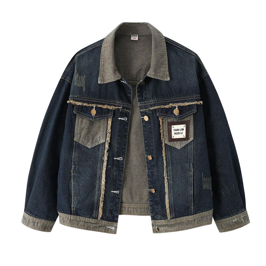 Mode Damejakke Efterår Vinter Løs Denimjakke Vasket Blå Patchwork Jeansfrakke Omvendt Krave Ydertøj
