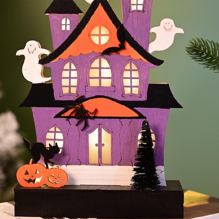 Halloween Party Wood Sign LED Lighted Ghostly Haunted Houses Decors Pumpkin Ornament with Realistic Detail Table Decors