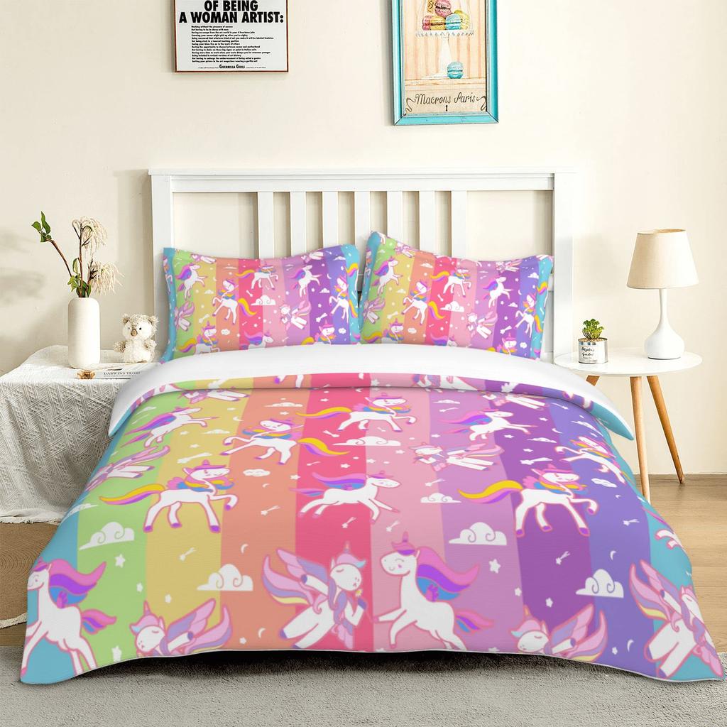 Unicorn Duvet Cover Set Purple Aqua Unicorn Bedding Set Full Size Rose Unicorn Flower Dreamy Cartoon Sparkle Lilac Bedspread