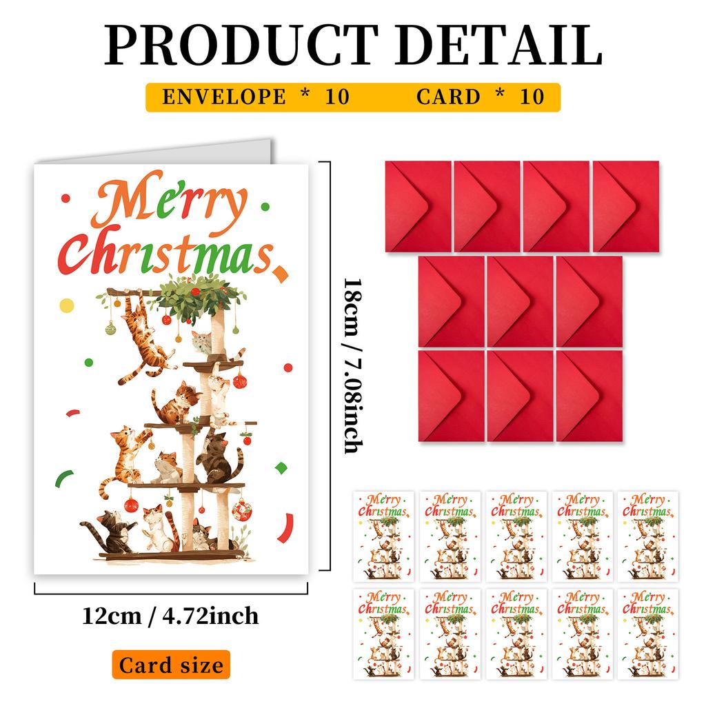 10PCS Cute Cartoon Christmas Greeting Cards Set with Envelopes, Large Size Hand-drawn Xmas Cards for Holiday Wishes & Gifts