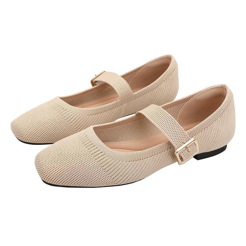 Spring and Autumn Flying Knitting One-word Buckle Belt Mary Jane Shoes Women's Knitting Square Head Flat Bottom Single Shoes Shallow Mouth Casual