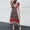 Summer Midi Length Skirt European And American V-Neck Ethnic Style Print Slit Dress