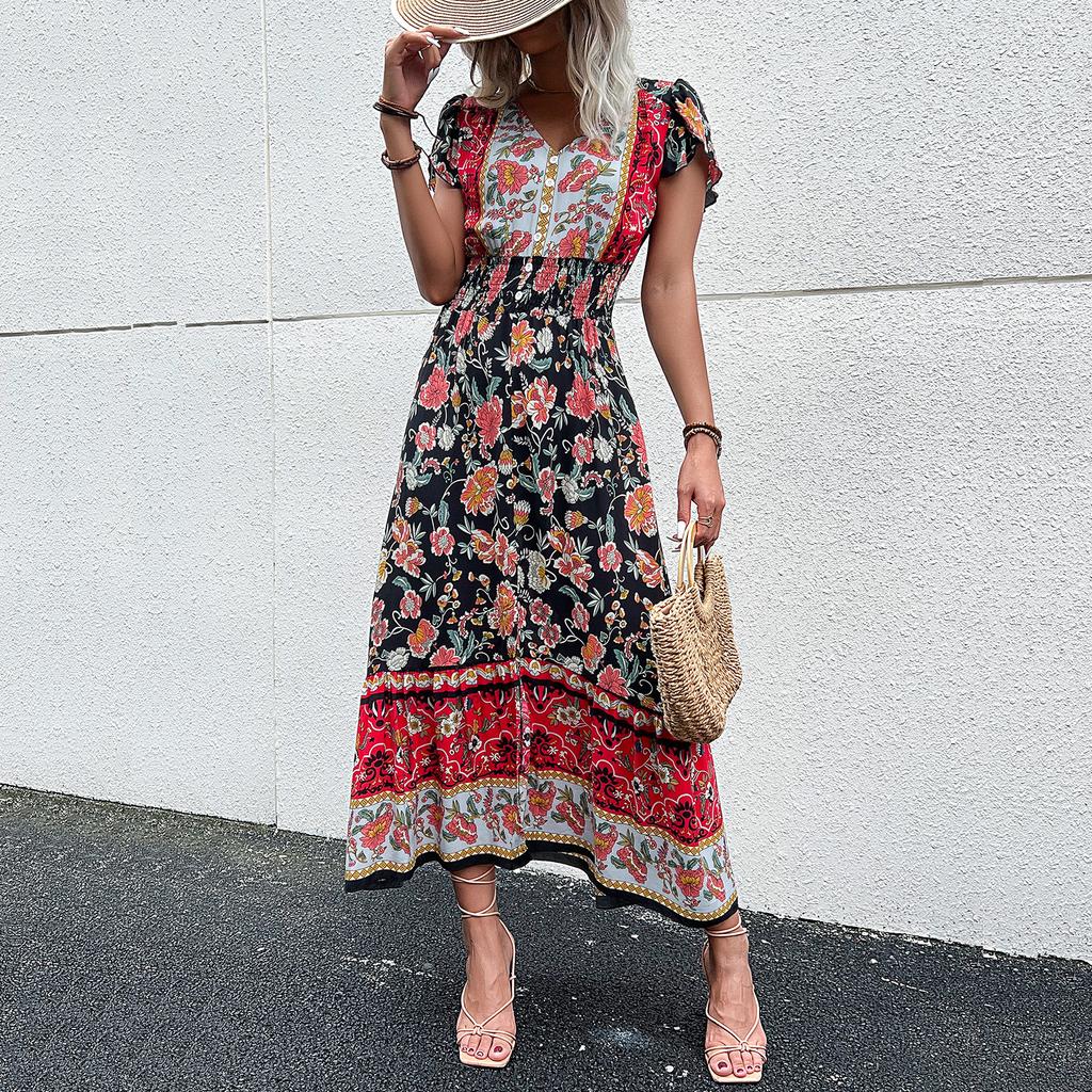 Summer Midi Length Skirt European And American V-Neck Ethnic Style Print Slit Dress