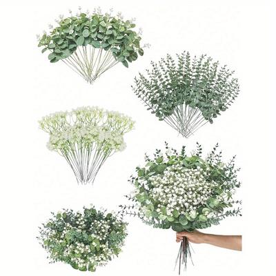 3/15/30 Stück Künstliche Eukalyptusblätter Stiele Gefälschte Silbrige Dollar Eukalyptusblätter Stiel Mit Schleierkraut Großpackung Kunstblatt Für DIY Sträuße Floral