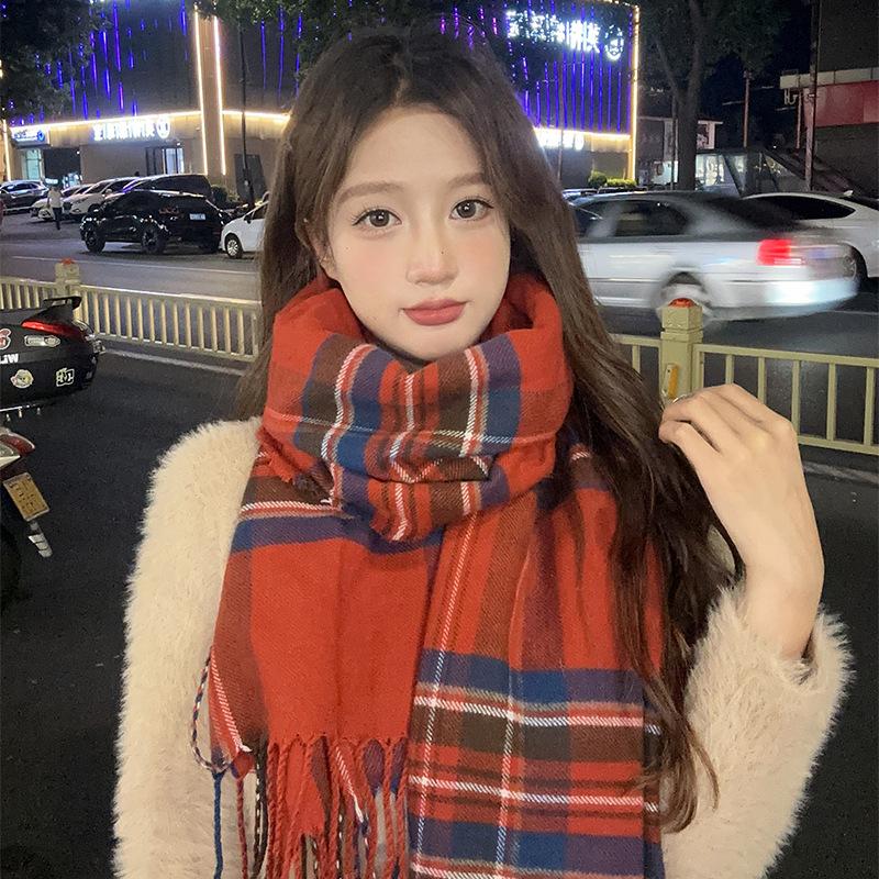 

Красный клетчатый шарф женский осенне-зимний рождественский студенческий теплый шарф трендовый зимний шарф 50*200CM