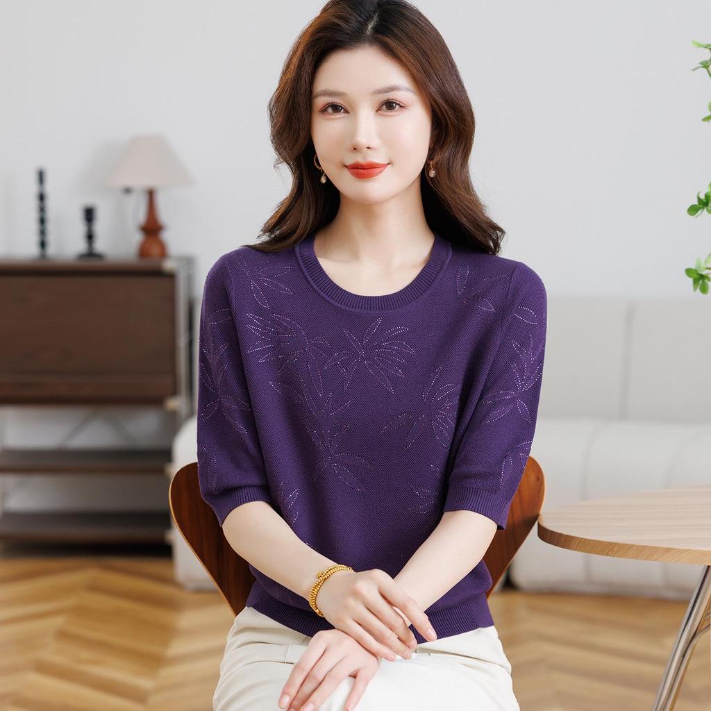 Spring & Autumn Knit Loose 3/4 Sleeve T-shirt for Women - Ice Silk, Stylish Large Size Base Layer
