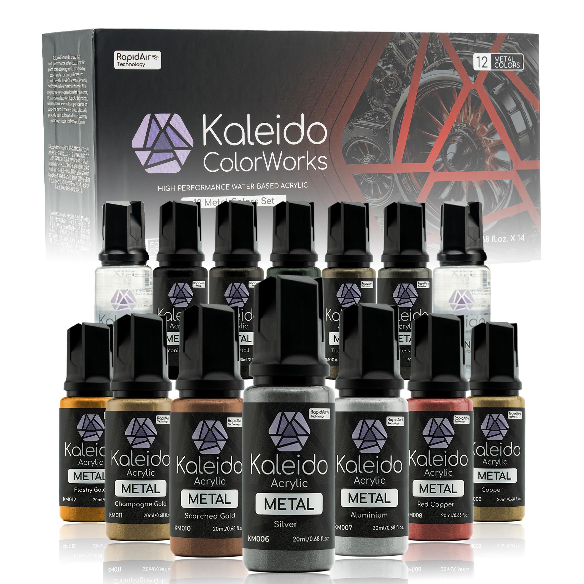 

Gaahleri Kaleido Metal 12-Color Set Water-Based Acrylic Metallic Airbrush Paint Kit Car Models Gundam Gunpla Mecha Pre-Thinned High Gloss Fast Drying