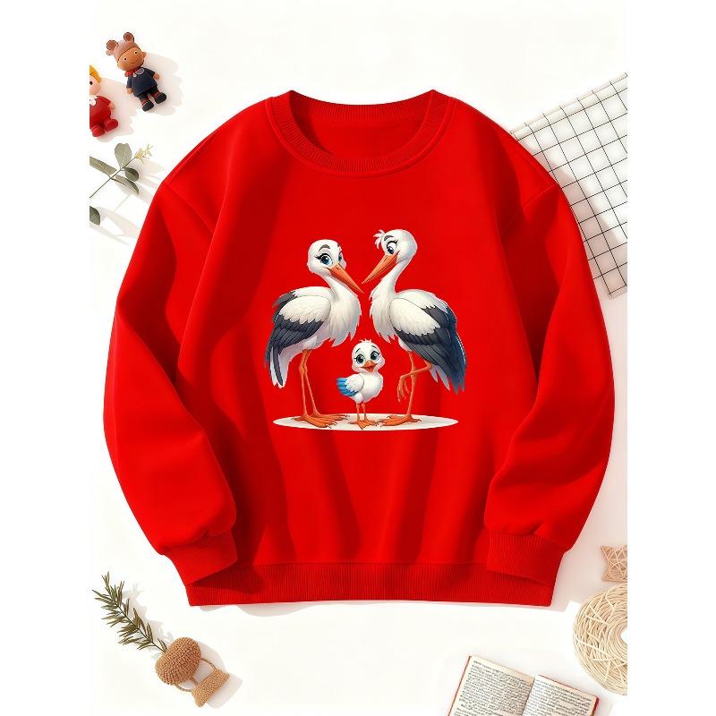European sizes Kids' Crewneck Sweatshirt with Adorable Cartoon Stork Parent-Child Pattern Design, a Lively and Cute Top for Casual Attire