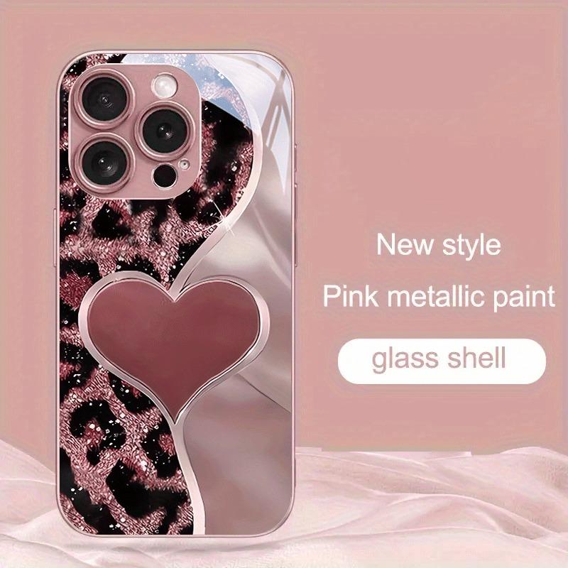 Pink Leopard Heart Pattern Metallic Paint Glass Hard Phone Case For iPhone 17 Air 17 16 15 14 13 12 11 Pro Max Plus 16E Cover