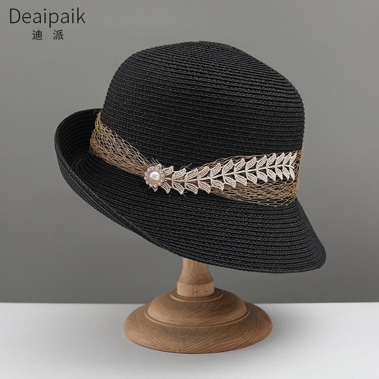 

Summer Xiaoxiang Pearl Sun Hat Breathable Straw Women S Sun Hat Flat Top Wide Brim Sun Protection Hat Holiday Top Hat M（56-58cm） чорний