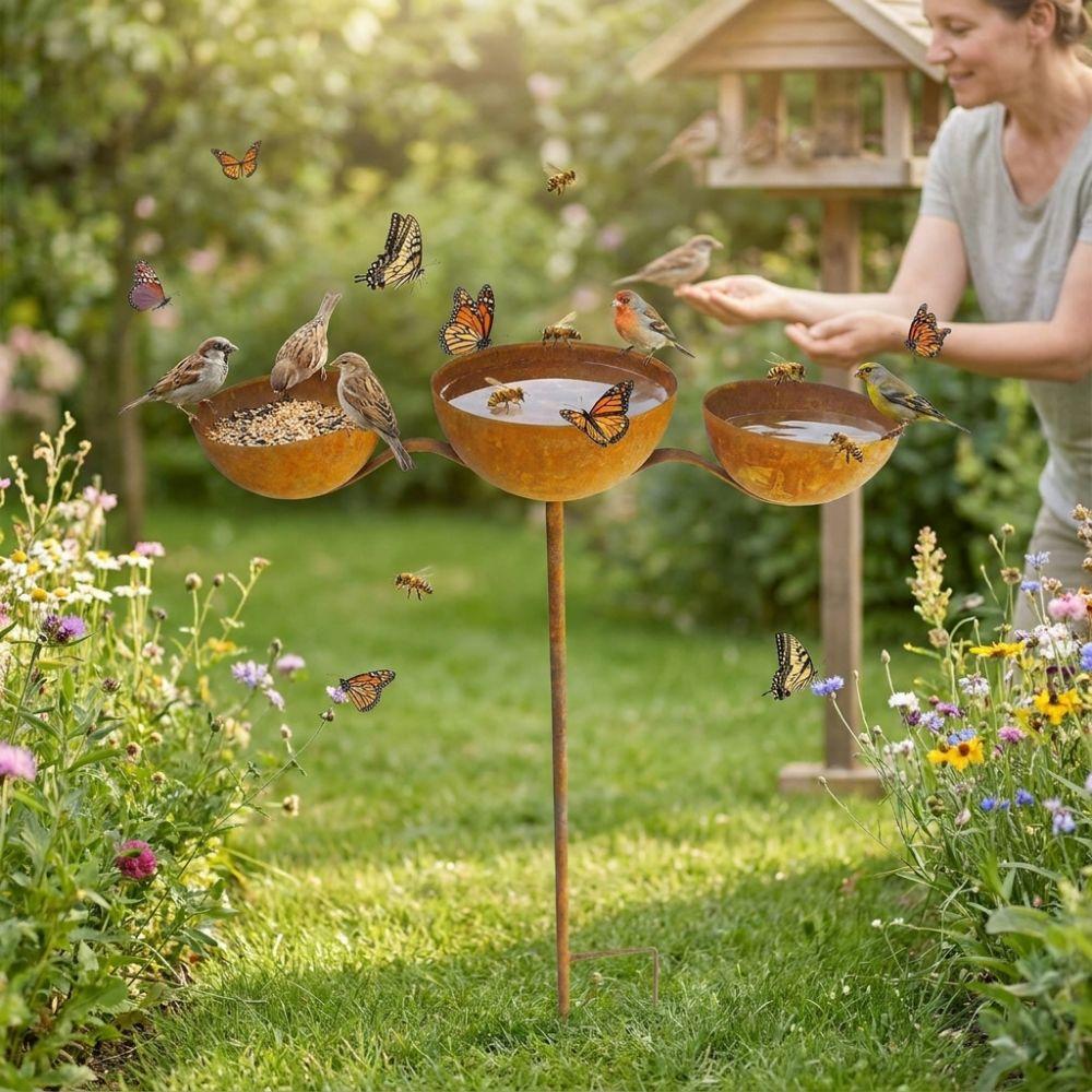 Rotatable Garden Rain Catcher Rusted Bird Water Bowls Bird Water Dispenser 3-Tiered Bird Bath Yard