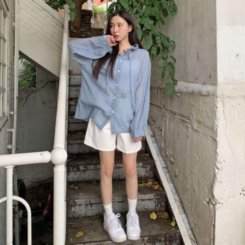 New Arrivals Open Run Women Frill Strap Check Hooded Shirt