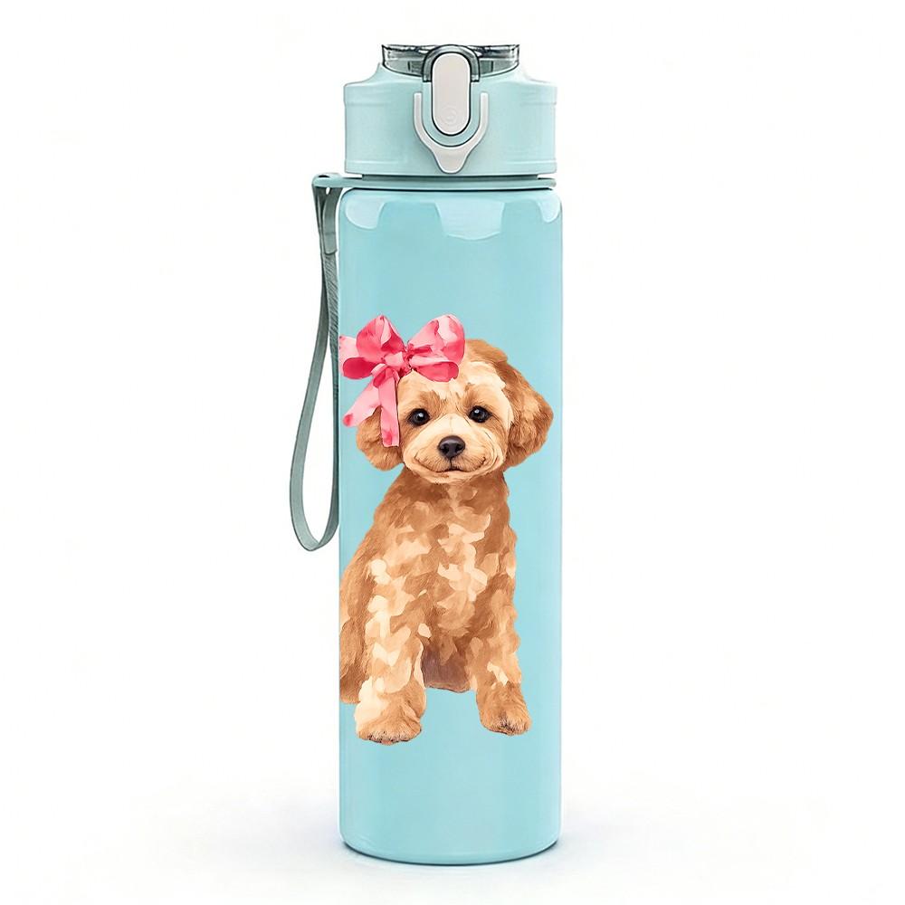 1PZ Cane Barbone Dorato Carino Cartone Animato 750ml Bottiglia d'Acqua Sportiva in Plastica Colorata Tappo Flip con Cannuccia Anti-perdite Adatta per Sport Ufficio Uso Domestico