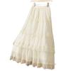 2025 Summer Women's Gentle Style Lace Trim Elastic Waist A-Line Midi Skirt