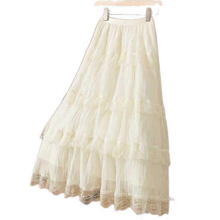 2025 Summer Women's Gentle Style Lace Trim Elastic Waist A-Line Midi Skirt