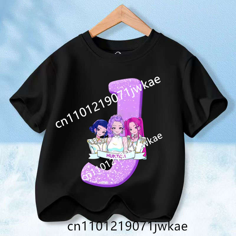Kids Short Sleeve Clothing Gift KPop Demon Hunters T-shirt for Children Cartoon A-Z Letters Tee Top Black Round Collar Clothes