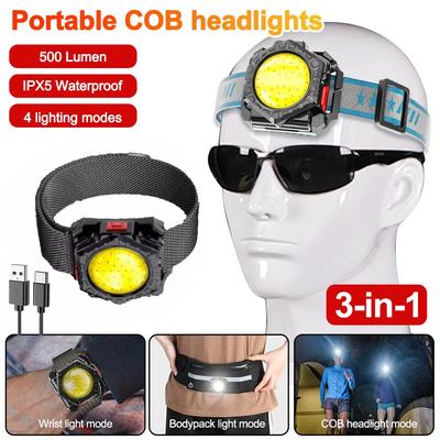 3in1 Headlamp Multifunctional COB Headlight USB Rechargeable Wrist Light Flashlight Outdoor Camping Fishing Headlight Torch Head