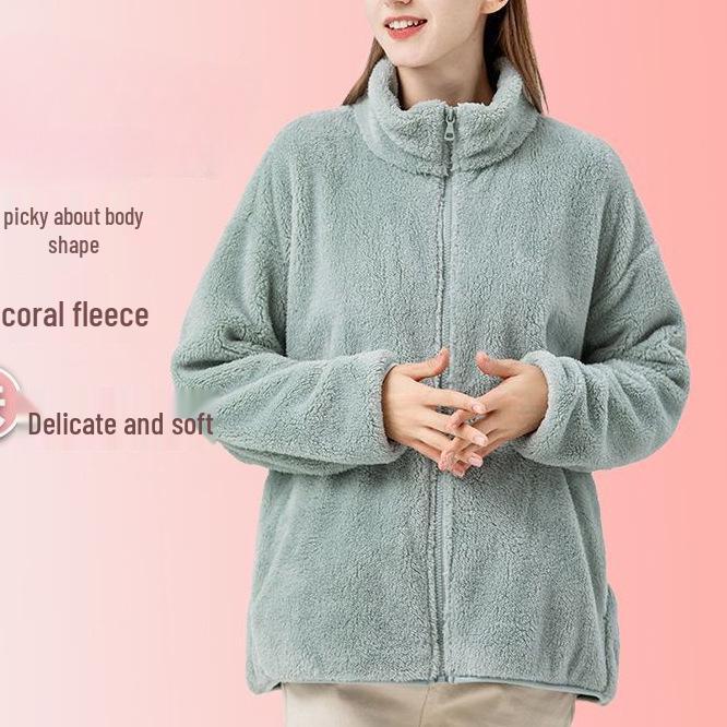 Women's Reversible Fleece Jacket with Stand Collar - Cozy, Loose Solid Color Hoodie for Autumn & Winter