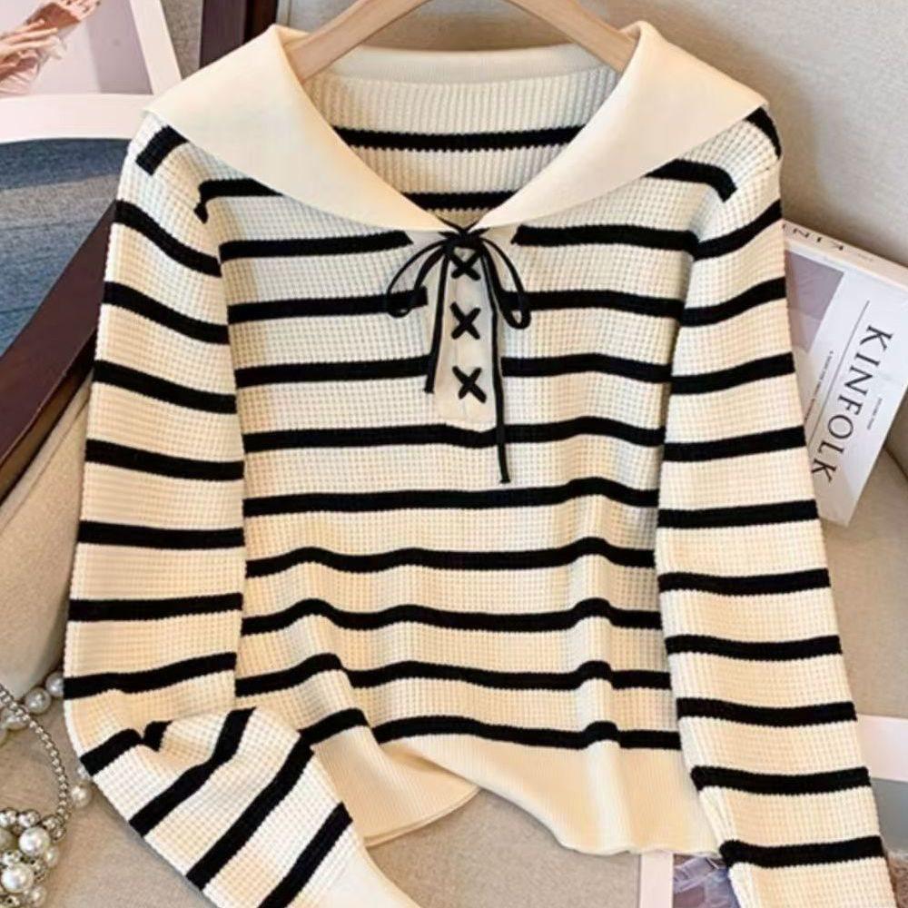 

Navy Collar Striped Tie-Up Knit Sweater for Autumn/Winter L (53-58 kg)