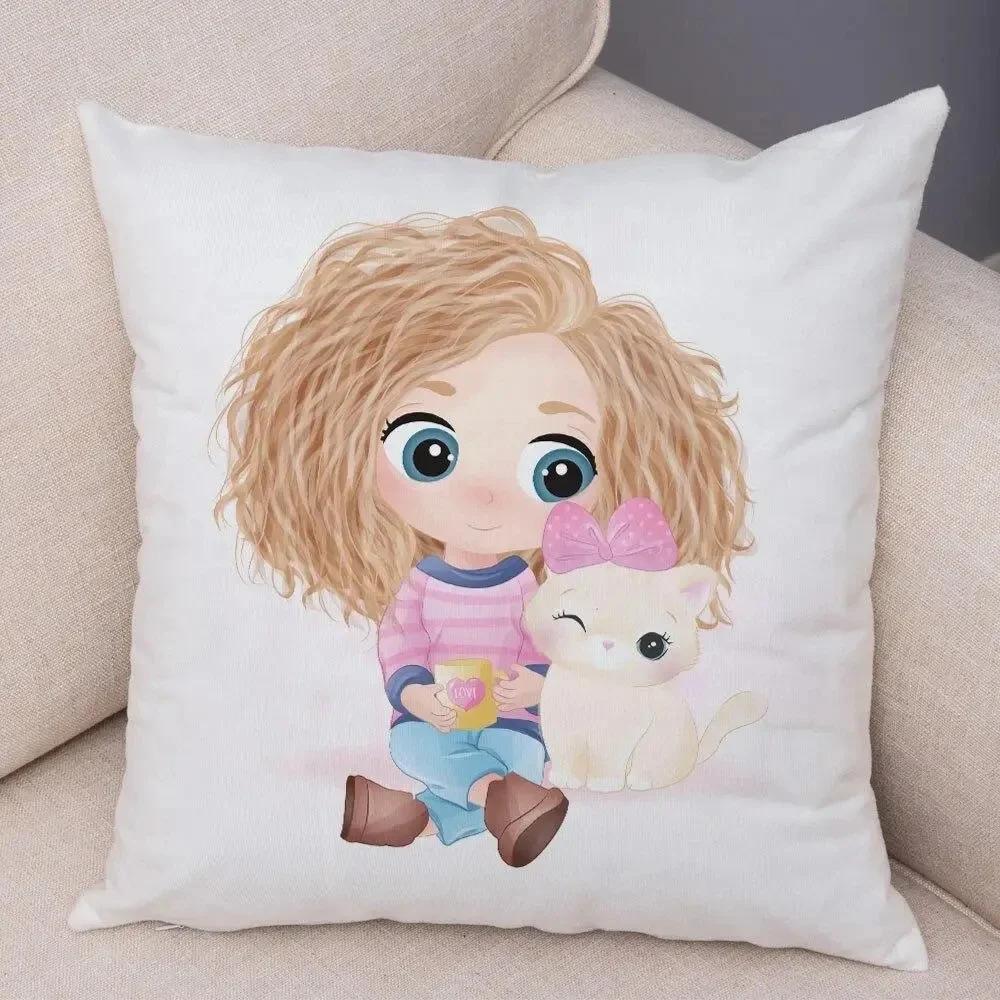 Cute Girl and Cat Pillowcase Decor Cartooncute Children Cushion Cover for Sofa Home Super Soft Peach Skin Pillow Case 45x45cm