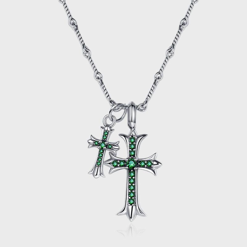 

Подвеска с двойным крестом из стерлингового серебра S925 с зеленым цирконием для мужчин и женщин, модный, милый, стильный, нишевый, в стиле хип-хоп, свитер, цепочка, ожерелье для женщин