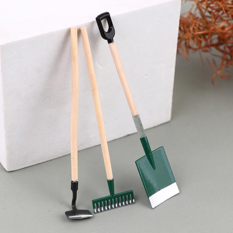 3Pcs 1:12 Dollhouse Miniatures Gardening Shovel Rake Hoes Farm Tool Doll Decor Fairy Garden Accessories Furniture Toys