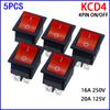 5pcs 2 Position Red Light Rocker Switch 16A/250V KCD4-20 4 Pin ON/OFF Toggle Switches 35 X 25.5 X 10mm