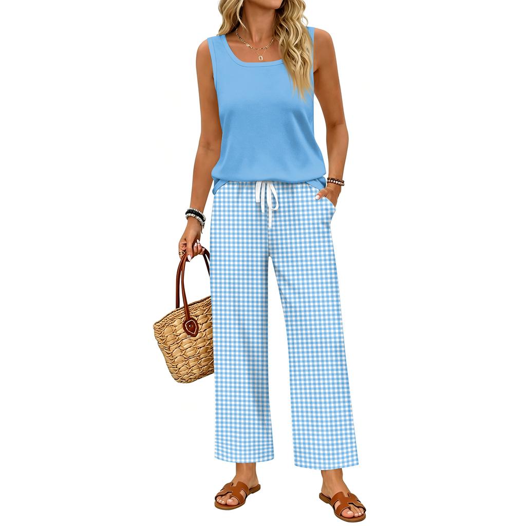 Ärmelloses Tanktop und karierte Weitbein-Hosen-Set für Damen Leichtes zweiteiliges Outfit Geeignet für Reisen, Urlaub und Freizeit zu Hause
