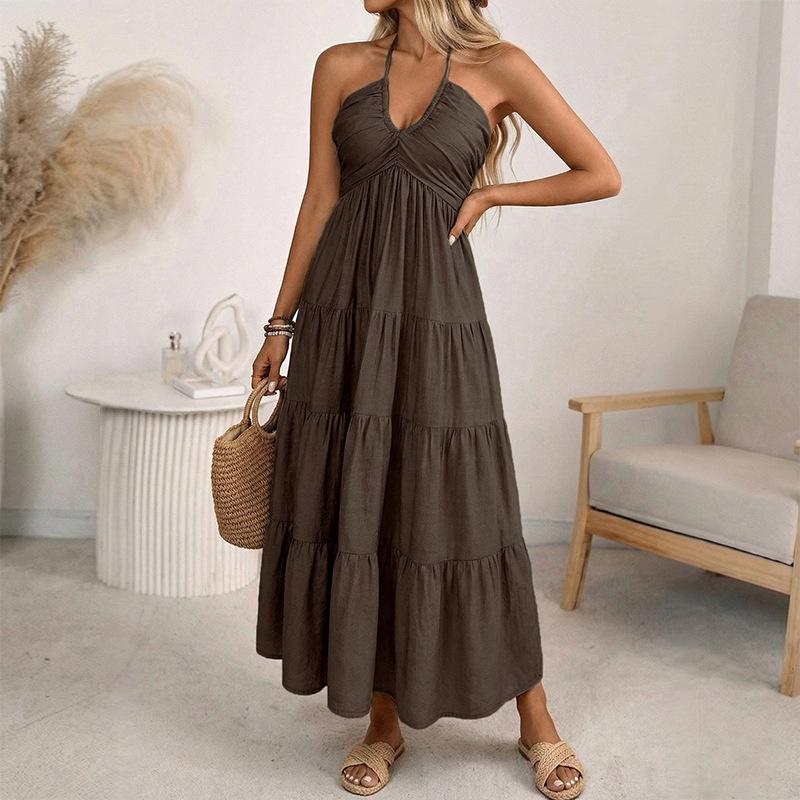 Women's Halter Neck Backless Maxi Dress Ruched Loose Solid Color Summer Vacation Dress