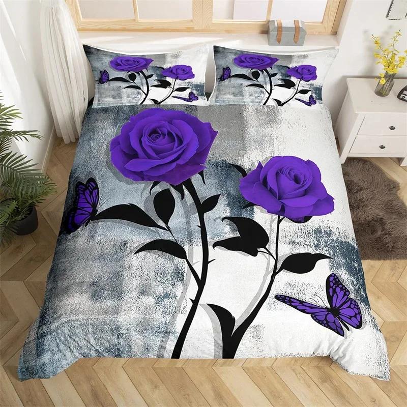 Rose Flower Duvet Cover Single King Oil Painting Butterfly Floral Bedding Set Microfiber Vintage Watercolor Artwork Quilt Cover