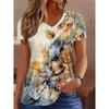 T-shirt Ladies Summer Casual Elegant V-neck Short-sleeved Maple Leaf Print Loose Casual Wear