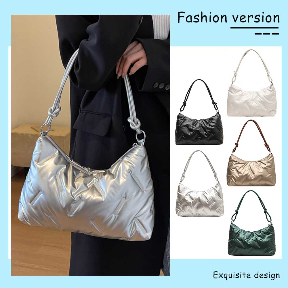 Women Quilted Tote Bag Fashion Padded Shoulder Bag Large Capacity Down Tote Handbags Casual Winter Commuting Bag