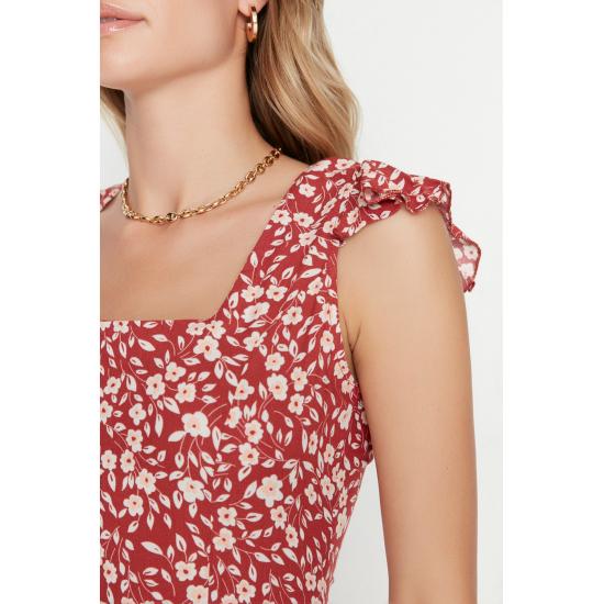 Rochie midi cu modele florale cu mâneci mini cu guler pătrat