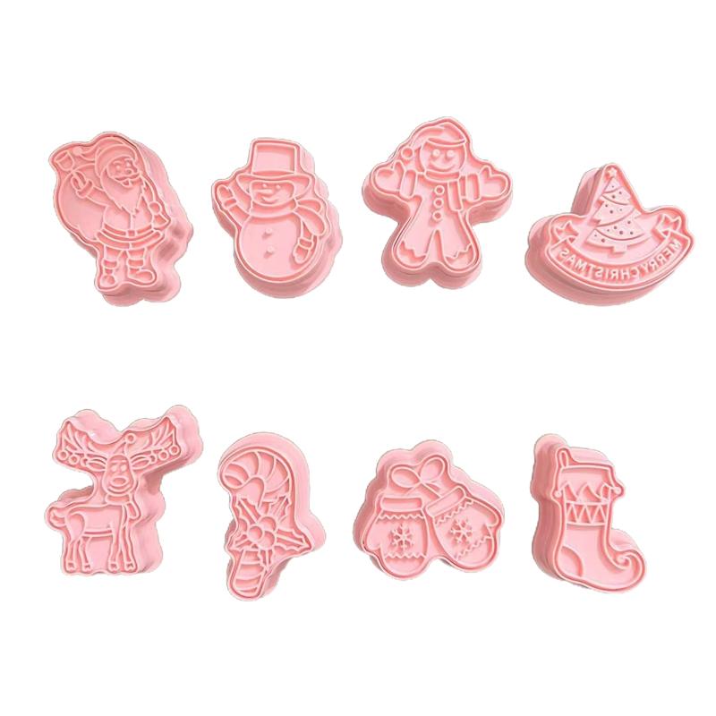 8pcs/set Christmas Theme Cookie Cutters 3D Plastic Biscuit Mold Cookie Stamp DIY Fondant Cake Mould Kitchen Baking Tool