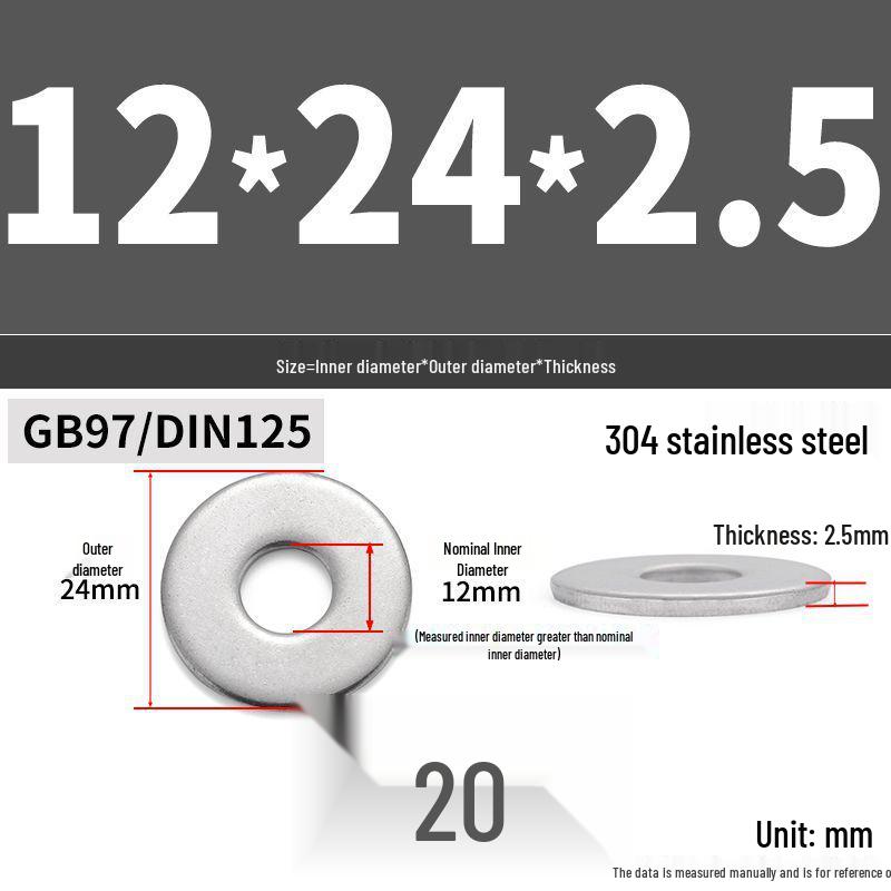 304 Stainless Steel Thickened Flat Washer Ring - Various Sizes (M1.6-M22)