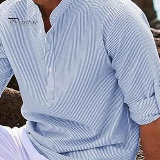 Men Shirt Long Sleeve with Cufflink Stand Collar Half Single-breasted Pullover Mid Length Solid Color Plus Size Daily Office Business Top