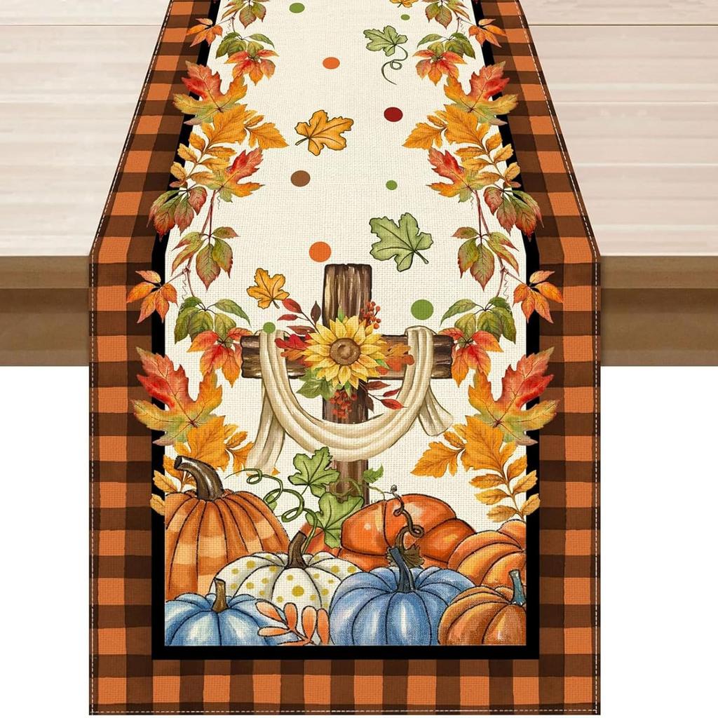 Pumpkin Buffalo Plaid Fall Table Runner, Fall Maple Leaves Kitchen Dining Table Runner Decoration for Thanksgiving Party Decor 13x72 Inch