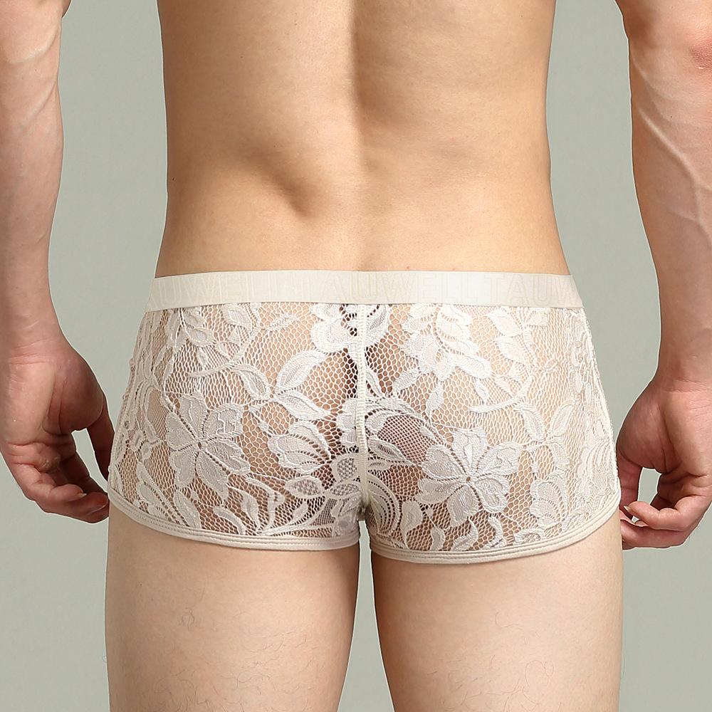 Men's Sexy Low-rise Boxer Briefs Solid Color Lace Spliced Underwear Thin Breathable Body-hugging Boxer Shorts