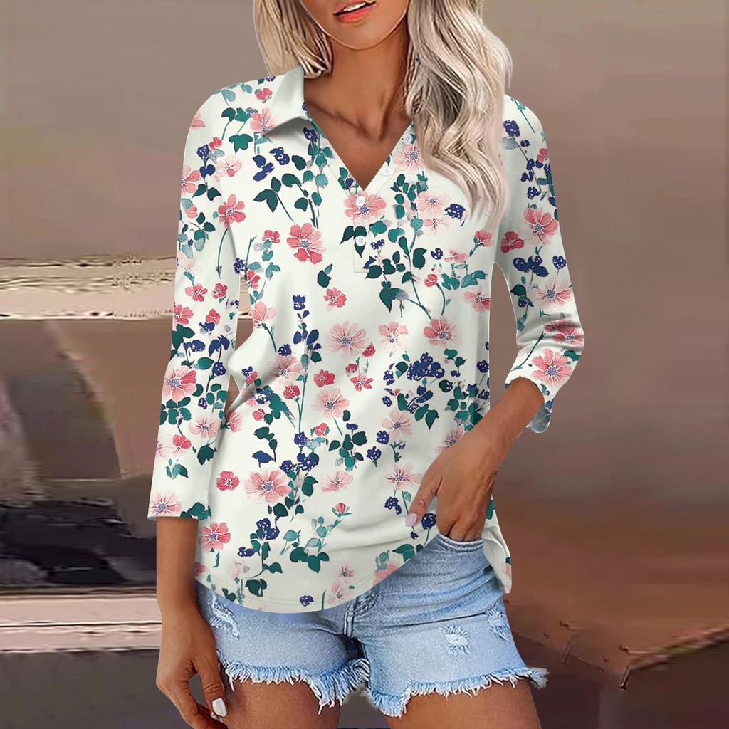 Women's Fashion Casual Lapel 3/4 Sleeve Print Shirt Women's Button Up Tops