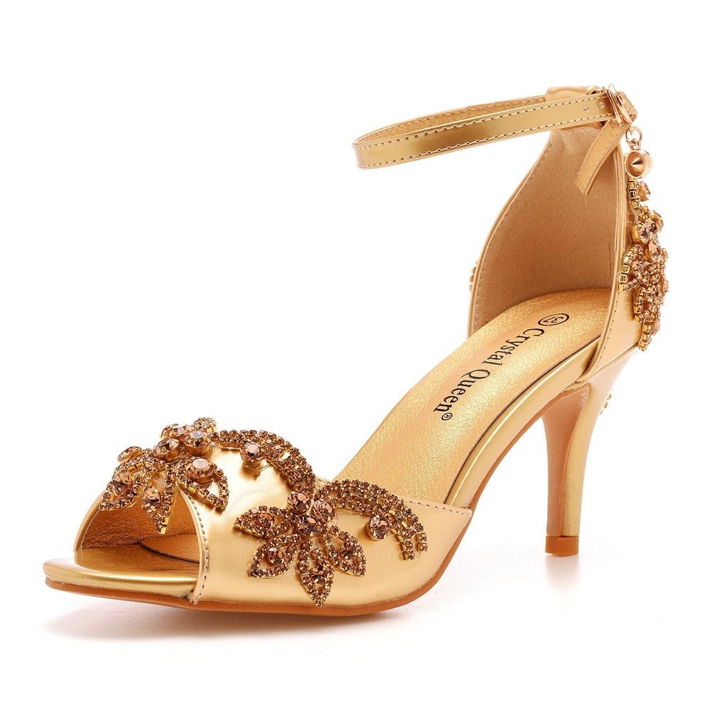 7cm Fish Mouth High Heel Sandals Shallow Mouth One-shaped Buckle Large Size Round-toe High Heels Golden Rhinestone Slim Heel Sandals