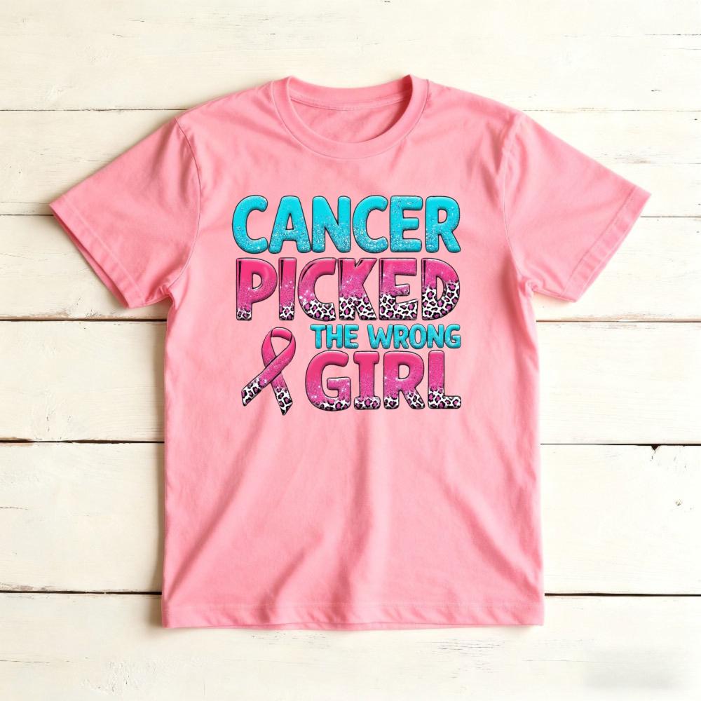 Cancer Picked The WrongunisexLeopard Letter Graphicunisex Summer Tshirt Breast Cancer Fighter Bold Motivational Short Sleeve Top