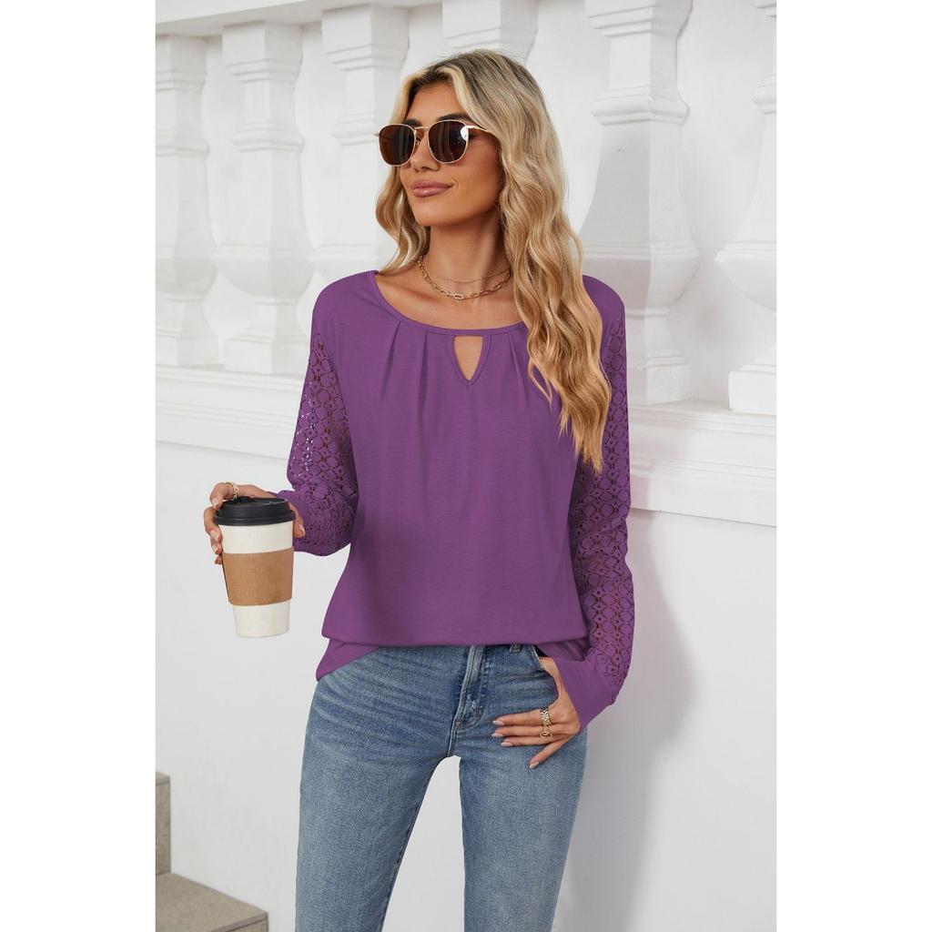 Fall Winter New Women's Solid Color Lace Splicing Loose Long Sleeve T-shirt Top For Cross-border Europe America